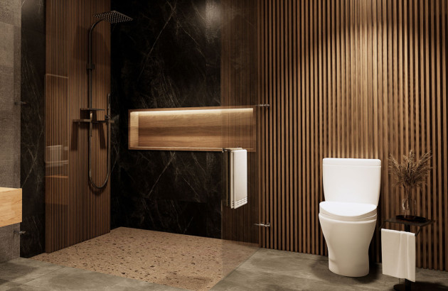 Salle de bain avec toilettes ambiance bois chaleureux et moderne