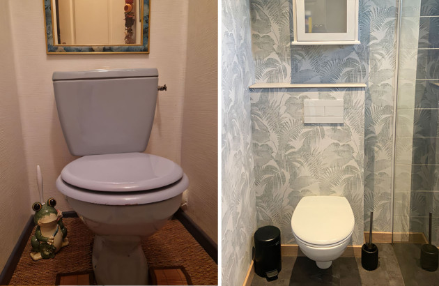 Toilettes et salle de bains avec de la peinture au mur et du papier peint