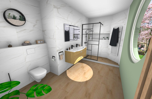 Vue 3D d'une salle de bains scandinave bois