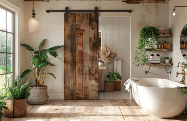 Salle de bains avec une porte coulissante en bois