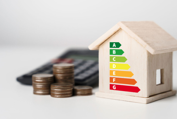 Maisonette en bois avec des panneaux solaires et des pièces de 1 euro empilées à droite