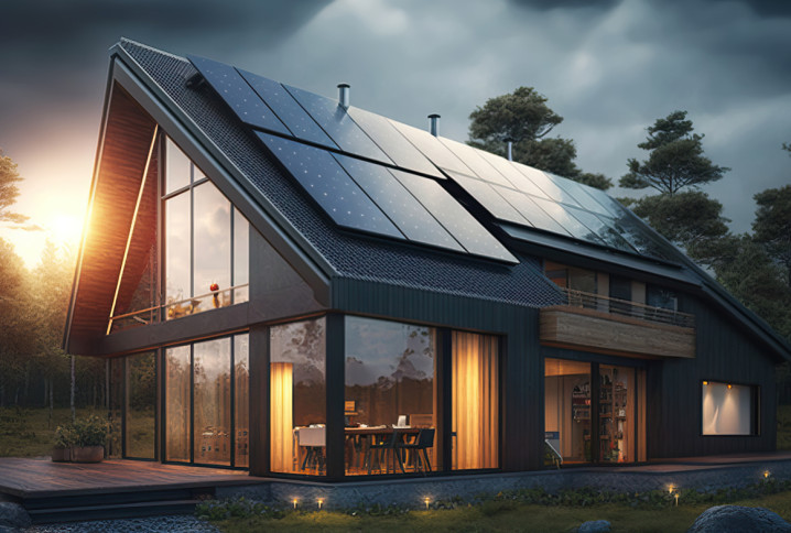 Maison moderne recouverte de panneaux solaires
