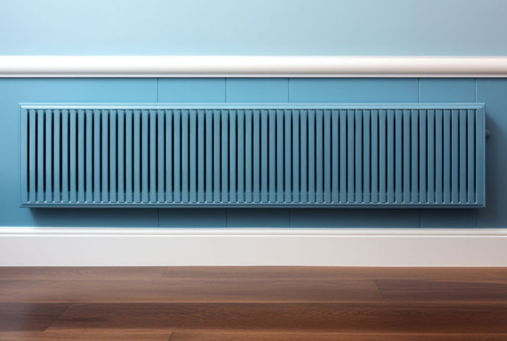 Radiateur long de couleur bleue posé contre un mur bleu