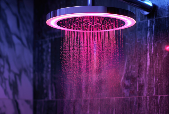 Pomme de douche équipéE d'un éclairage LED qui diffuse une lumière colorée