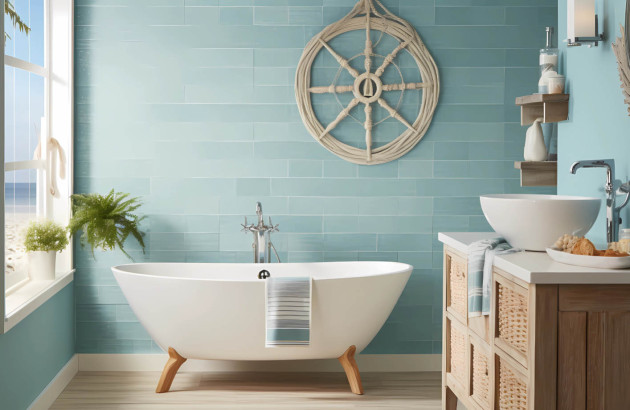 Salle de bains bleue avec sol en bois