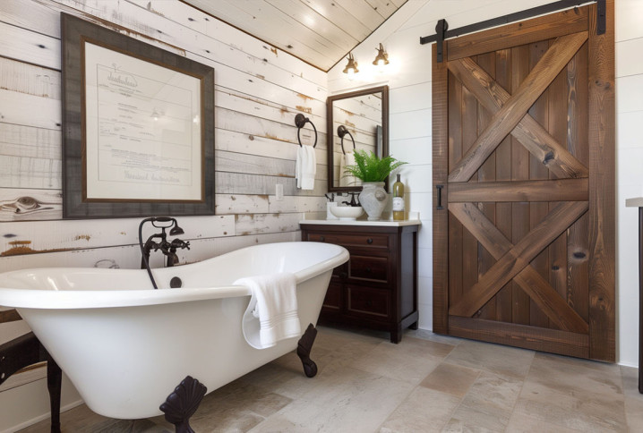 Salle de bains originale dotée d'une porte coulissante