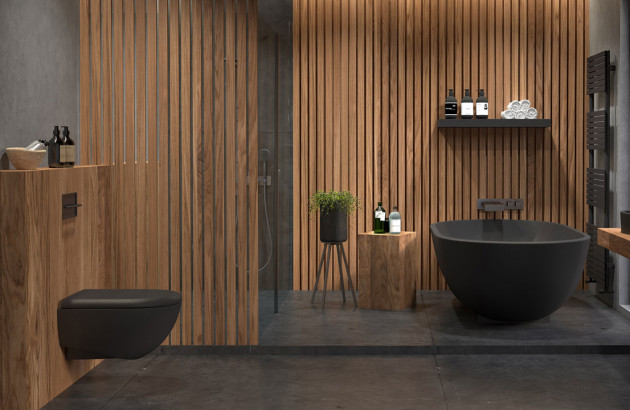 Salle de bains avec toilettes noire et bois