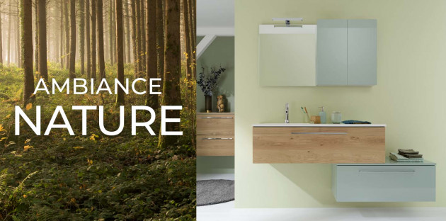 Salle de bain nature avec le meuble aubade création impact 2 de la marque Sanijura