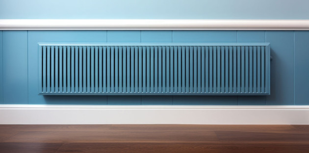 Radiateur long de couleur bleue posé contre un mur bleu