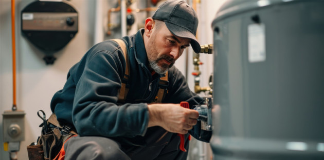 Artisan qui intervient sur un système de chauffage