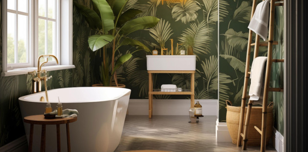 Salle de bain naturelle avec papier peint motif végétal