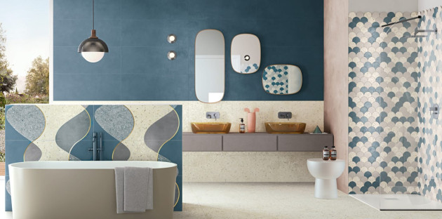 Carrelage bleu avec motifs dans une salle de bains design