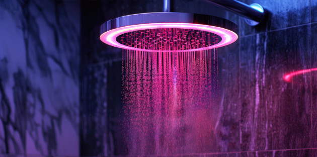 Pomme de douche dotée d'un éclairage LED qui diffuse une lumière colorée