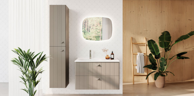 Salle de bains minimaliste et moderne avec des meubles en bois gris