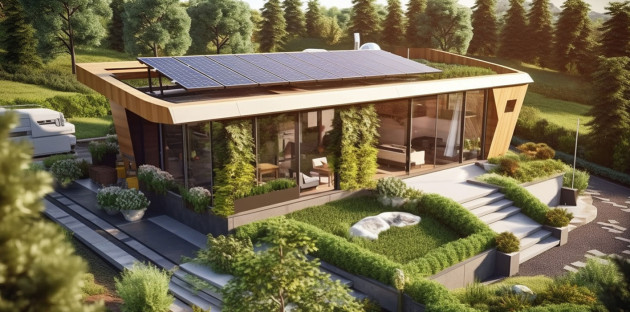 Maison moderne avec un toit plat équipée de panneaux solaires