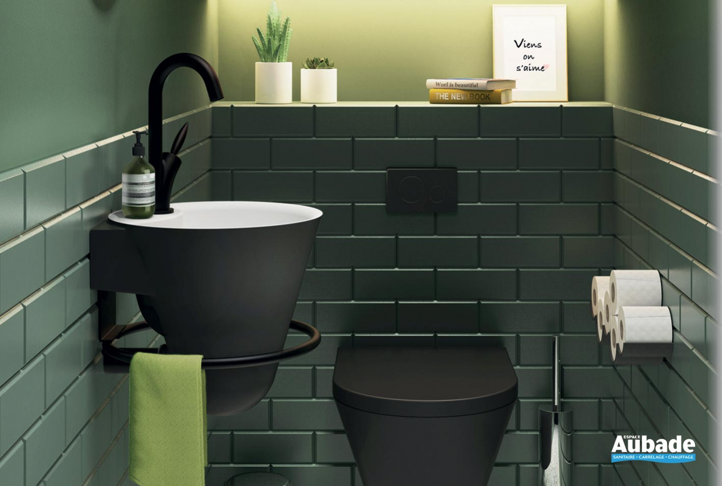 Meuble lave-mains pour wc noir avec vasque contemporaine en solid