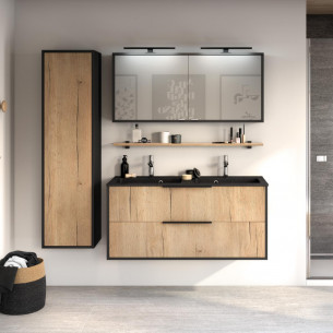 Meuble salle de bain HORIZON coloris bois et plan vasque noir mat 80 cm